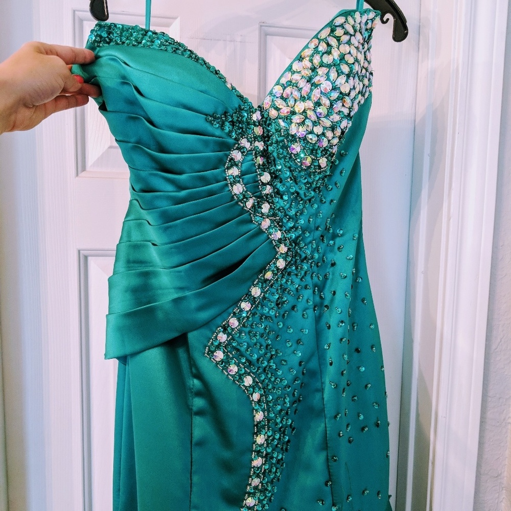 Formal teal mermaid dress with train
